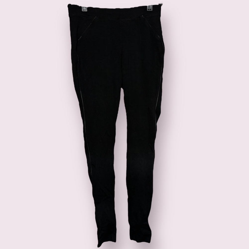 HUE Black Faux Leather Trim Leggings Stretch Pull On Pants Size XS